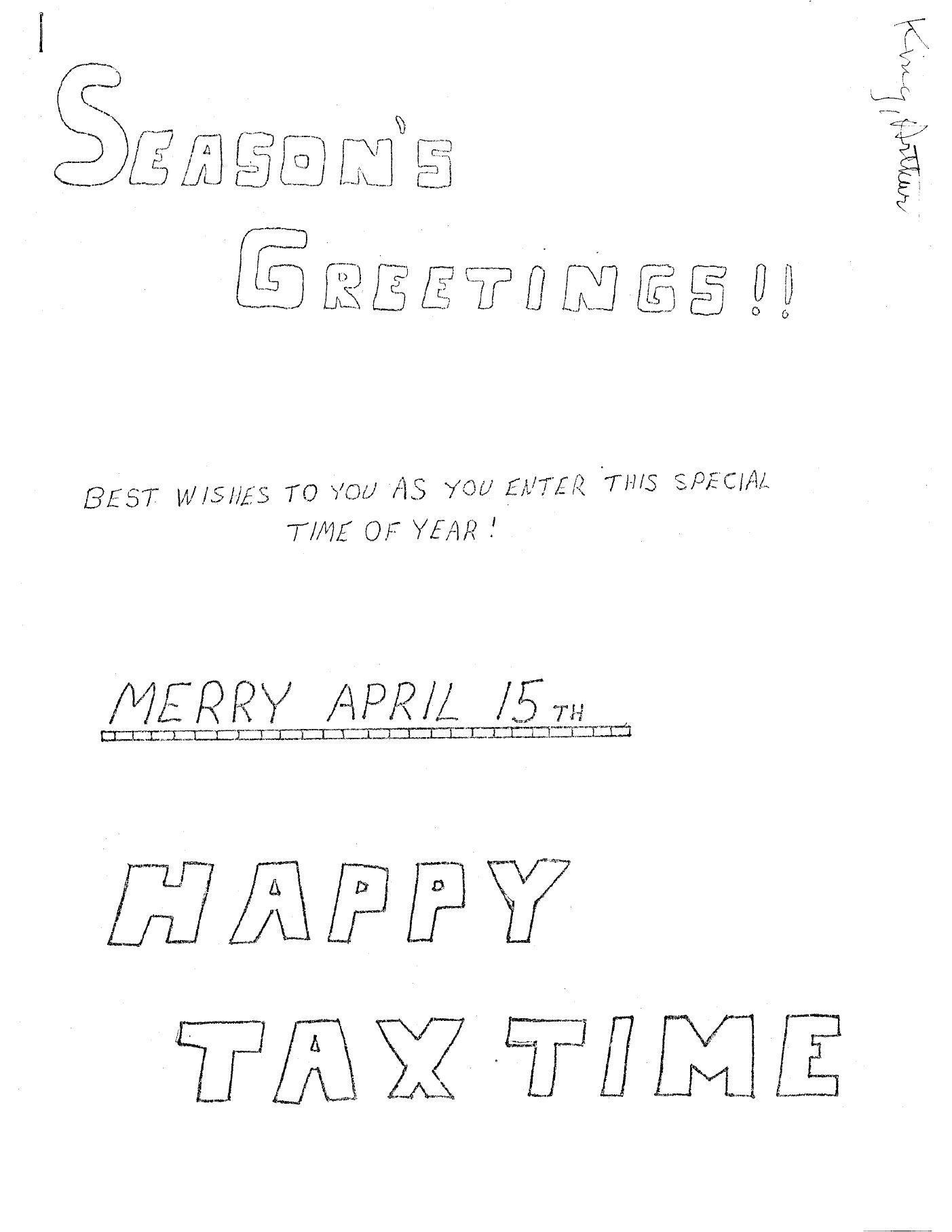 Page 1 of the 1982 letter, the handwritten cover: “Season’s Greetings!! Best wishes to you as you enter this special time of year! Merry April 15th. Happy Tax Time”