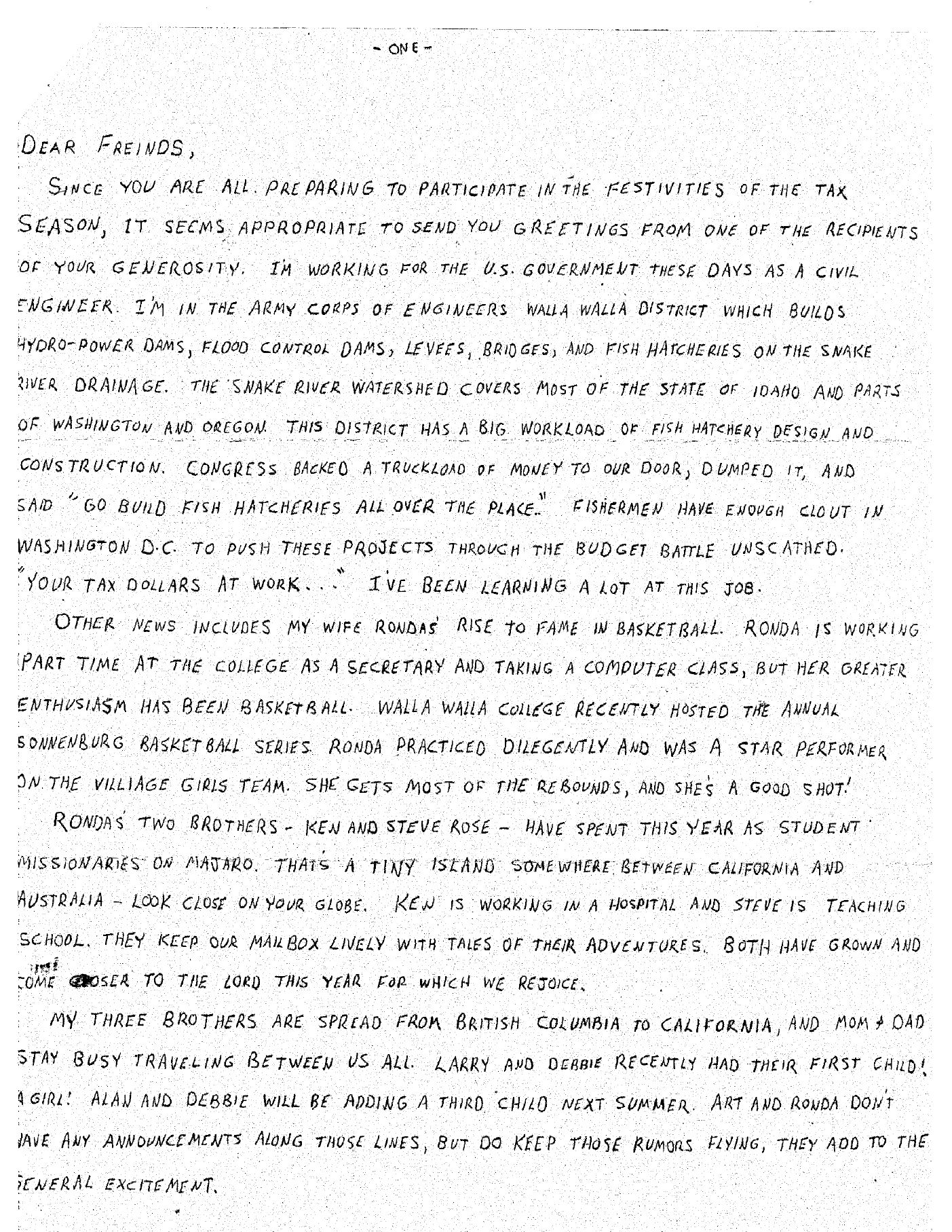 Page 2 of the 1982 letter, a handwritten letter beginning “Dear Friends,” about Art’s work as a civil engineer with the Army Corps of Engineers in Walla Walla, Ronda’s basketball, and news of both families