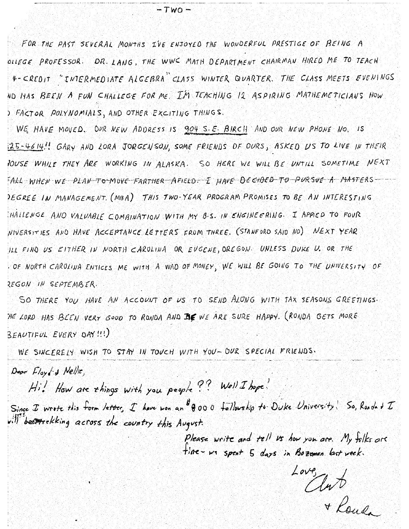 Page 3 of the 1982 letter, handwritten: Art teaching a college algebra class, the family’s move, plans to pursue an MBA at the University of Oregon, and a handwritten note to Floyd and Nellie signed Art and Ronda