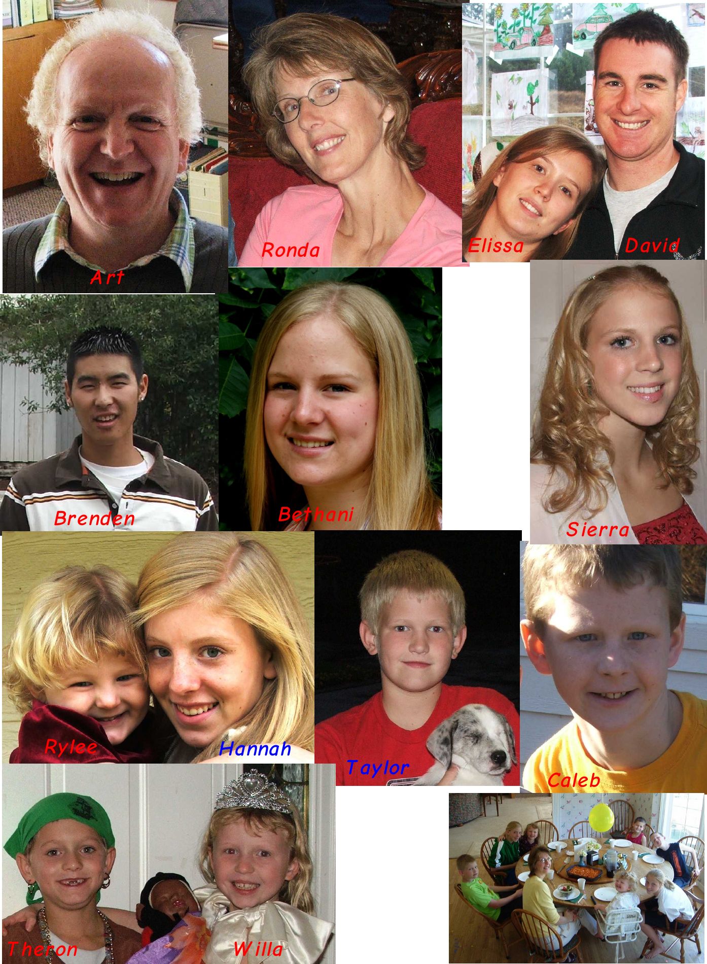 Photo from the 2006 Christmas letter: collage of individual portraits labeled Art, Ronda, Elissa, David, Brenden, Bethani, Sierra, Rylee, Hannah, Taylor, Caleb, Theron and Willa