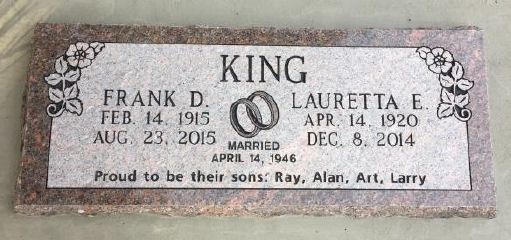 Photo from the 2015 Christmas letter: the gravestone of Frank D. and Lauretta E. King