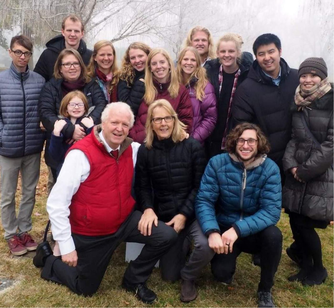 Photo from the 2018 Christmas letter: the King family gathered outdoors on a foggy day, November 18, 2018
