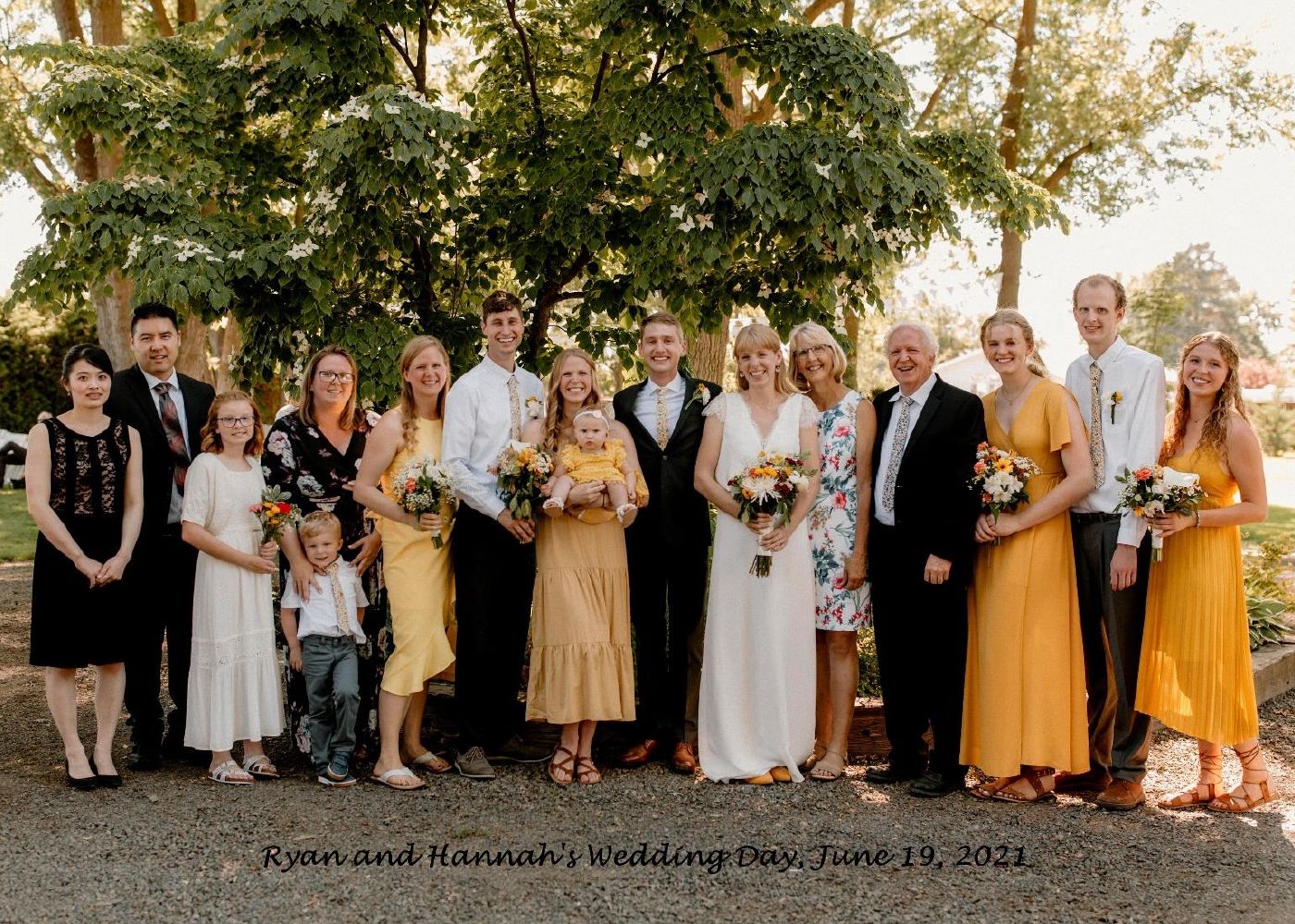 Photo from the 2021 Christmas letter: the wedding party at Ryan and Hannah’s wedding, June 19, 2021, standing together under a large tree