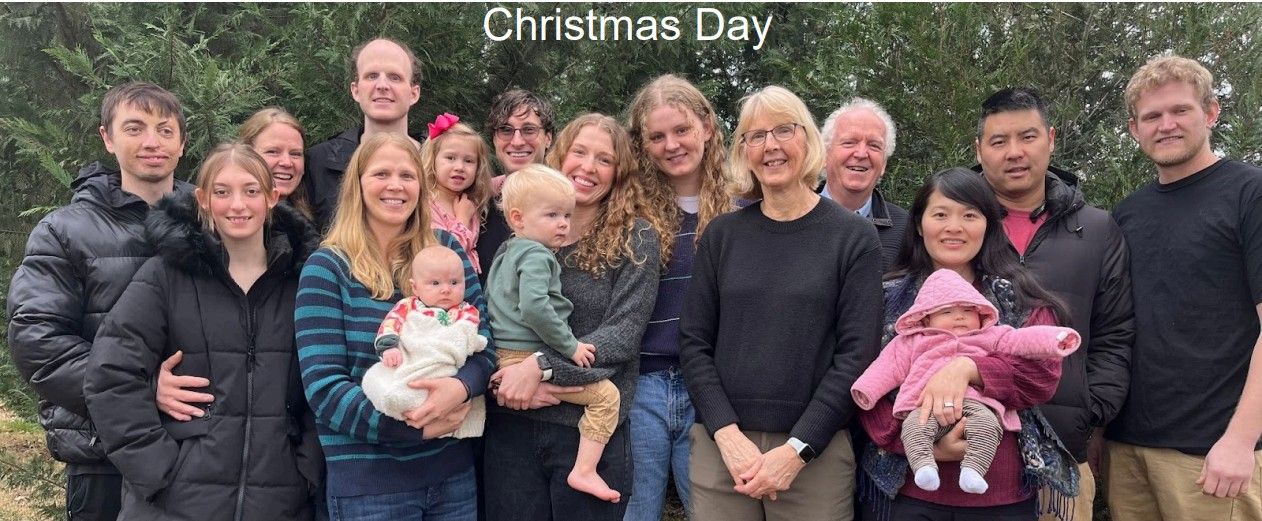 Photo from the 2024 Christmas letter: the King family outdoors in a group portrait with “Christmas Day” written across the top